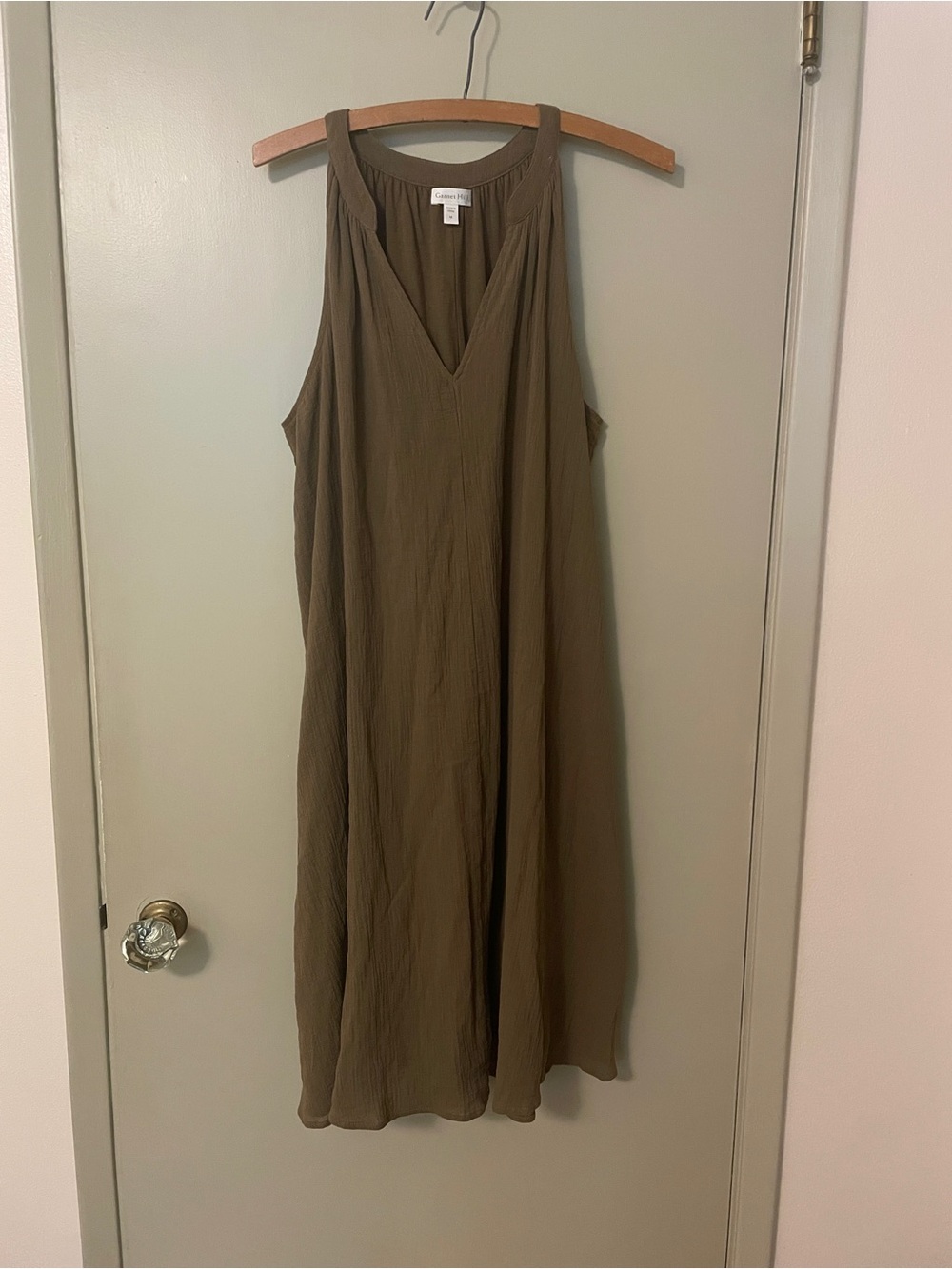 Garnet Hill Olive Sleeveless V-Neck Midi Dress